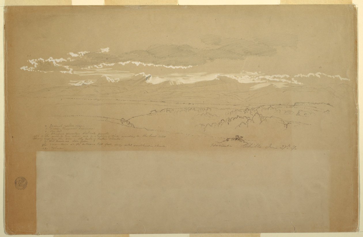 Piirros, Näkymä vuoristoon, Ecuador, 27. kesäkuuta 1857. tekijältä Frederic Edwin Church
