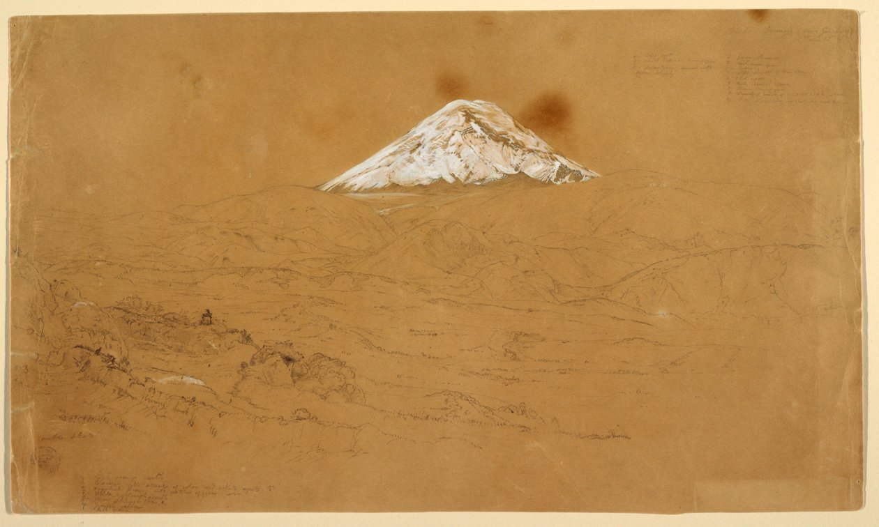 Piirros, Näkymä lumipeitteisestä Chimborazo-vuoresta Guanojon ja Guarandan lähellä, Ecuador, 12. kesäkuuta 1857. tekijältä Frederic Edwin Church