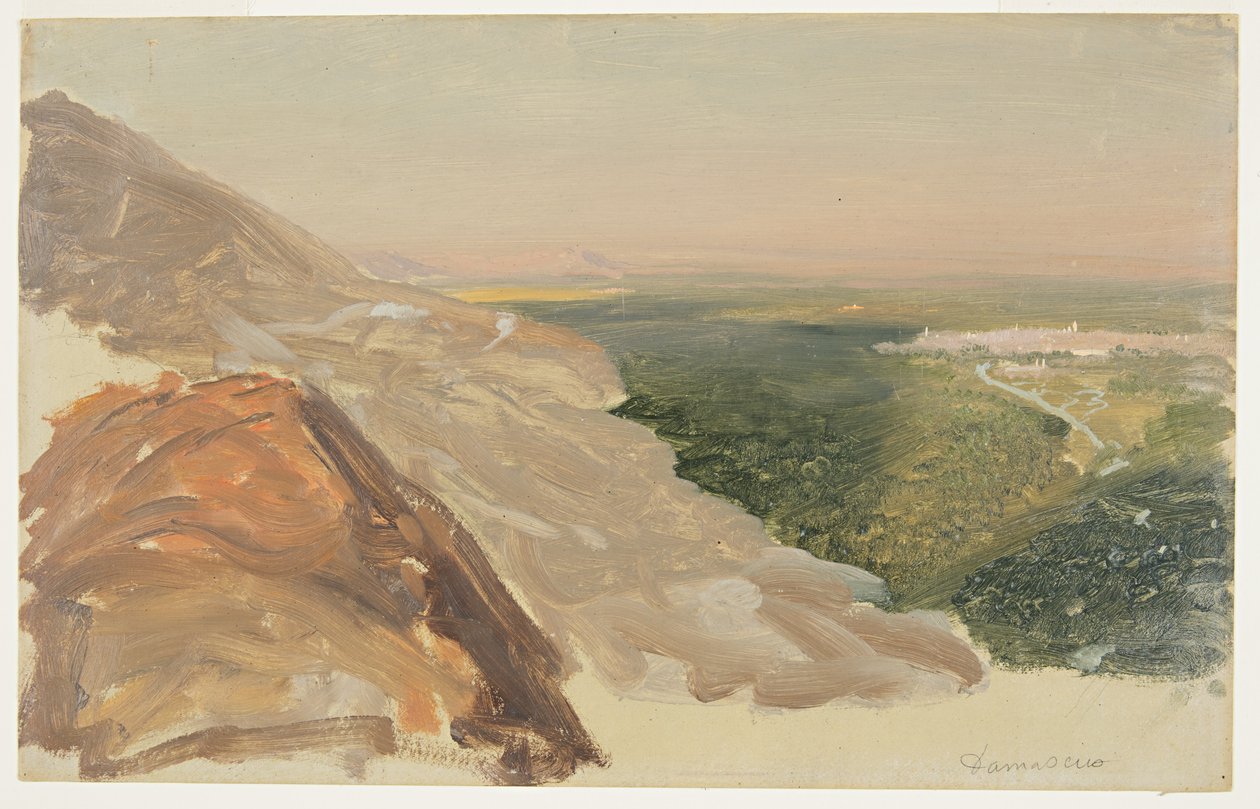 Piirros, Näkymä Damaskoksen tasangolle, Syyria, vuorilta, toukokuu 1868. tekijältä Frederic Edwin Church
