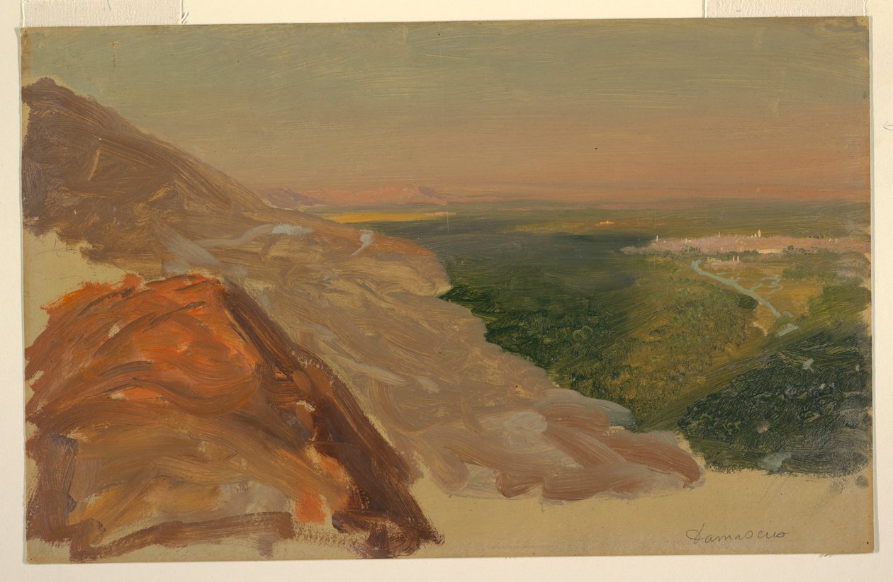 Piirros, Näkymä Damaskoksen tasangolle, Syyria, vuorilta, toukokuu 1868. tekijältä Frederic Edwin Church