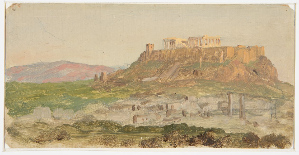 Piirros, Näkymä Akropolille etelästä, Ateena, huhtikuu 1869. tekijältä Frederic Edwin Church