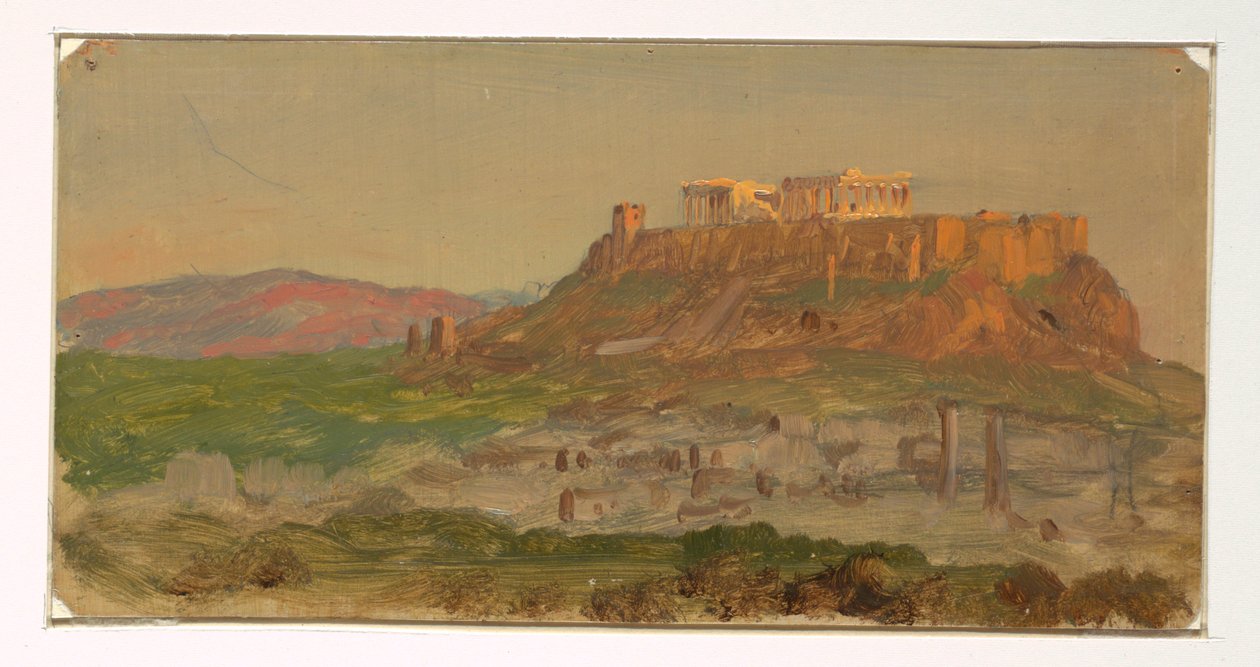 Piirros, Näkymä Akropolille etelästä, Ateena, huhtikuu 1869. tekijältä Frederic Edwin Church