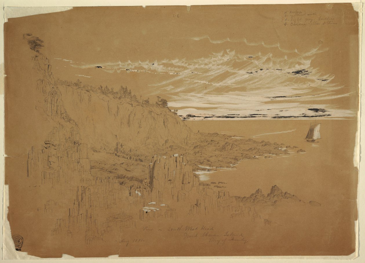 Piirustus, "Näkymä lounaispäähän, Grand Mananin saari, Fundyn lahti, Kanada", elokuu 1851. tekijältä Frederic Edwin Church