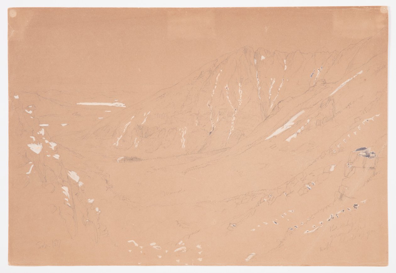 Piirros, Näkymä kohti Great Basinia, Katahdin-vuori, syyskuu 1877. tekijältä Frederic Edwin Church