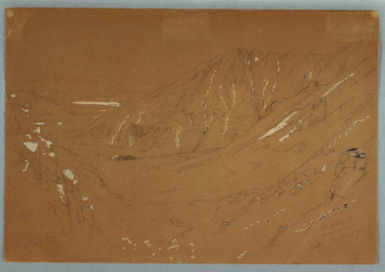 Piirros, Näkymä kohti Great Basinia, Katahdin-vuori, syyskuu 1877. tekijältä Frederic Edwin Church