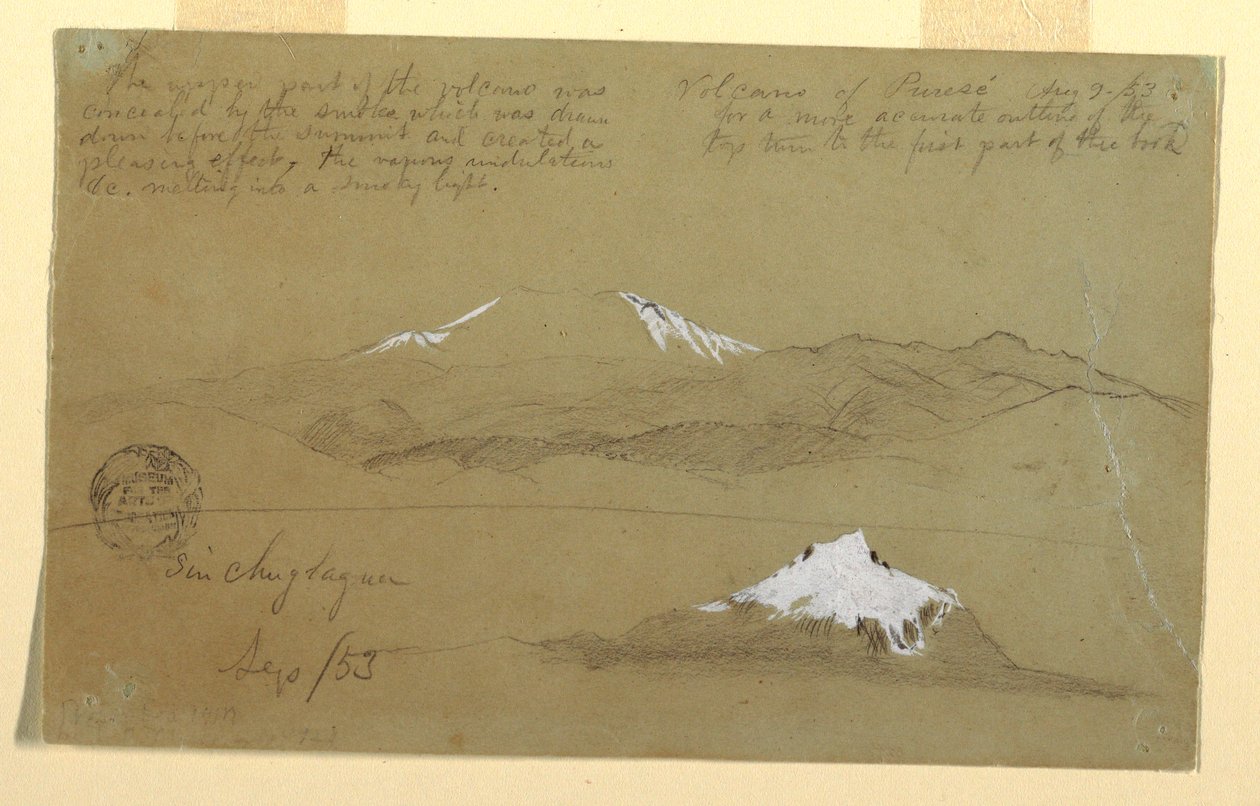 Piirustus, Näkymiä Puresé-tulivuoresta, Kolumbia ja Sincholaguan vuoresta, Ecuador, 9. elokuuta ja syyskuu 1853. tekijältä Frederic Edwin Church
