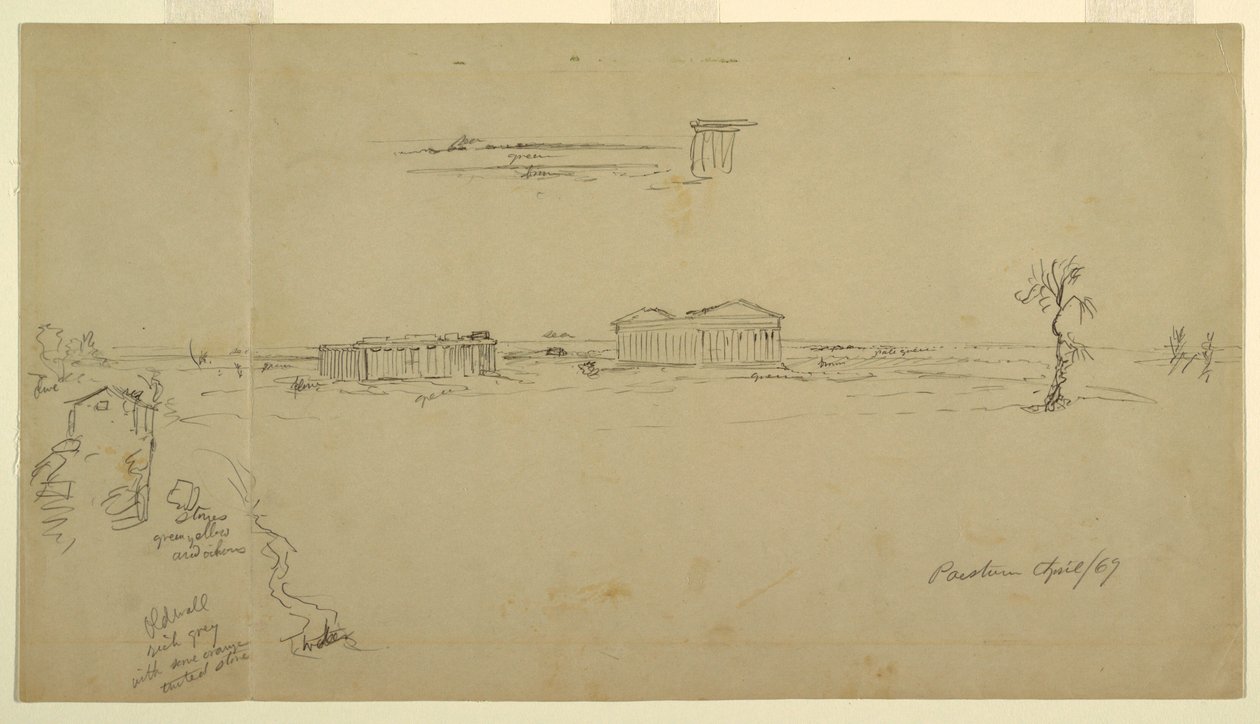 Piirros, Näkymiä Neptunuksen temppelistä ja basilikasta, Paestum, Italia, huhtikuu 1869. tekijältä Frederic Edwin Church