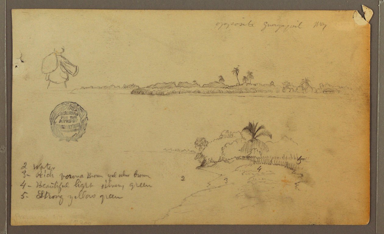 Piirros, Näkymiä Guayas-joen itärannalta, Guayaquilia vastapäätä, Ecuador, toukokuu 1857. tekijältä Frederic Edwin Church