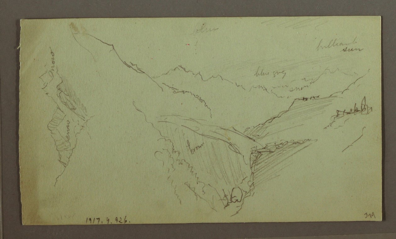 Piirros, kylä ja jyrkkä vuoristolaakso (Alpit), 1868-69 tekijältä Frederic Edwin Church