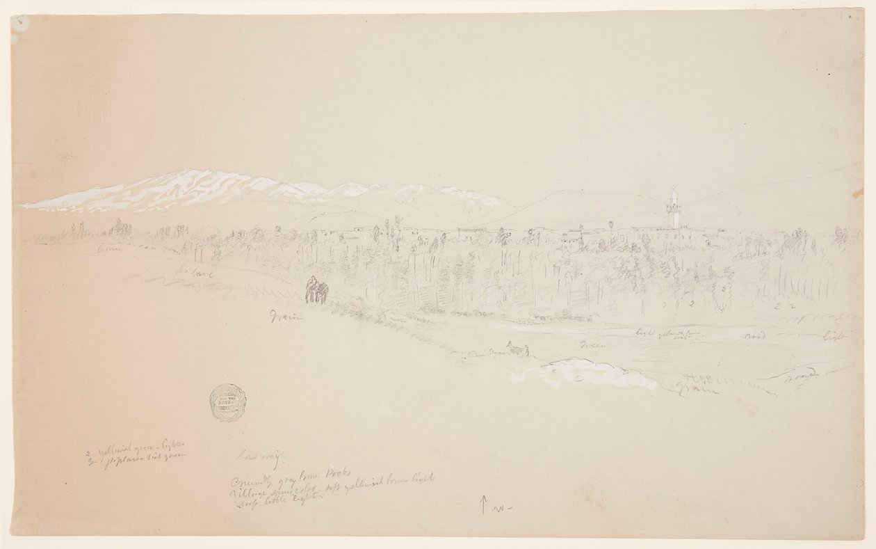 Piirros, Kuseiyehin kylä, kaukana Libanon-vuori, toukokuu 1868. tekijältä Frederic Edwin Church