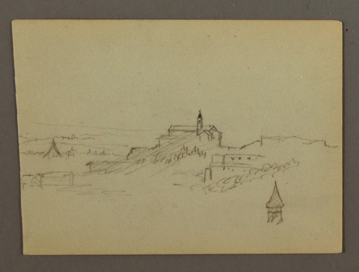 Piirros, Kylä mäen päällä, mahdollisesti 1868-69. tekijältä Frederic Edwin Church