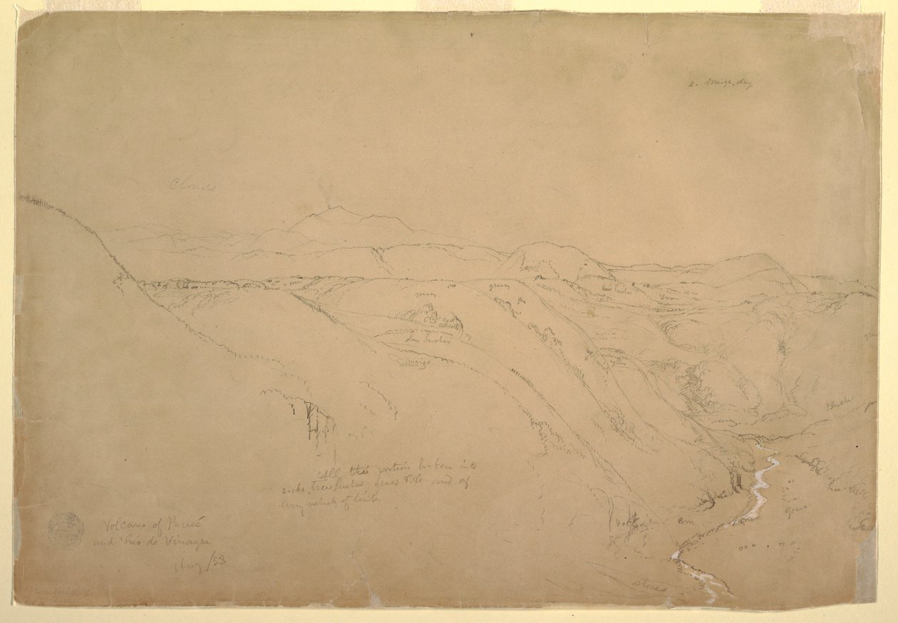 Piirros, tulivuori Puresé ja Rio de Vinagre, Purese, Kolumbia, elokuu 1853. tekijältä Frederic Edwin Church