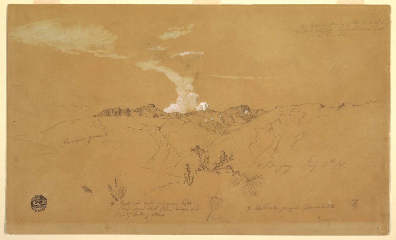Piirros, tulivuori, Sangay, 11. heinäkuuta 1857. tekijältä Frederic Edwin Church