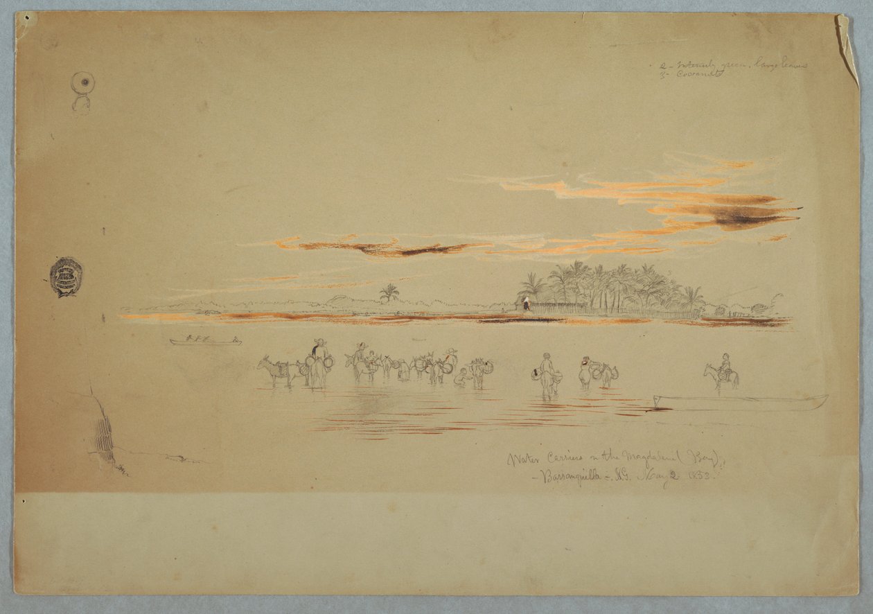 Piirros, Vesikulkuneuvot Magdalenan (lahdella), Barranquilla, Nueva Grenadan tasavalta, nykyinen Kolumbia, 2. toukokuuta 1853. tekijältä Frederic Edwin Church