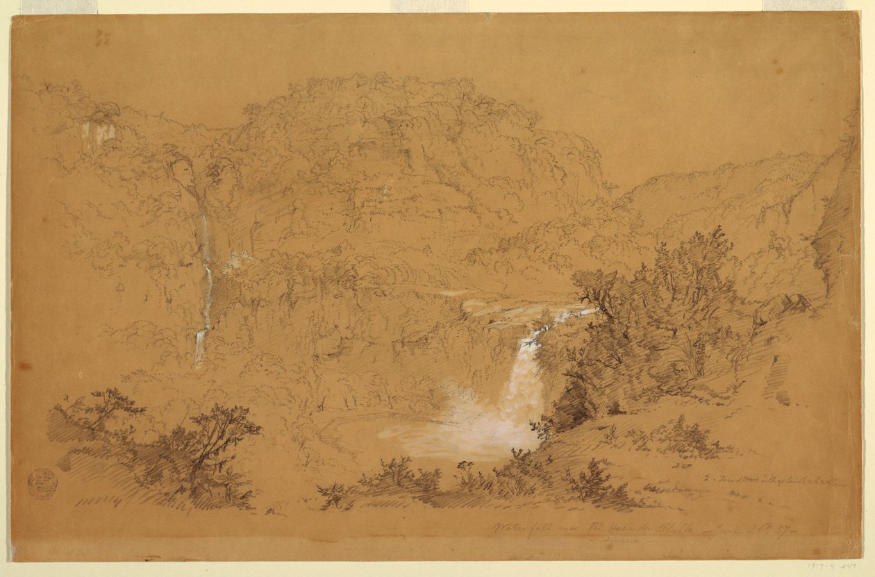 Piirros, Vesiputoukset Haciendan lähellä, Chillo, Ecuador, 26. kesäkuuta 1857. tekijältä Frederic Edwin Church