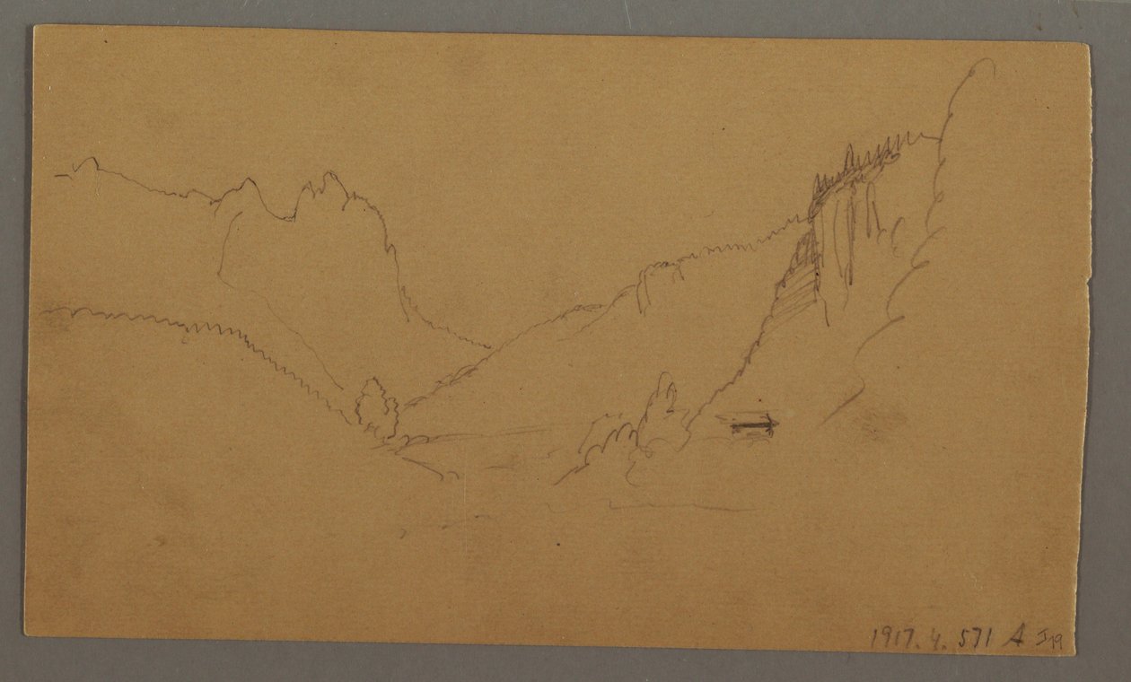 Piirros, mutkitteleva tie laakson läpi, talo, mahdollisesti 1868 tekijältä Frederic Edwin Church