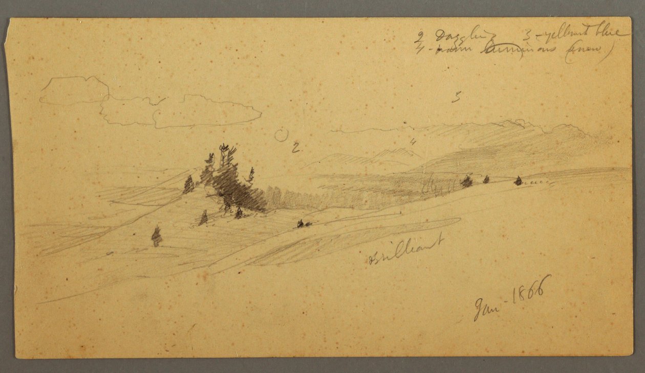 Piirros, metsäinen kukkulan laakso, mäkinen laakso, aurinko, tammikuu 1866. tekijältä Frederic Edwin Church
