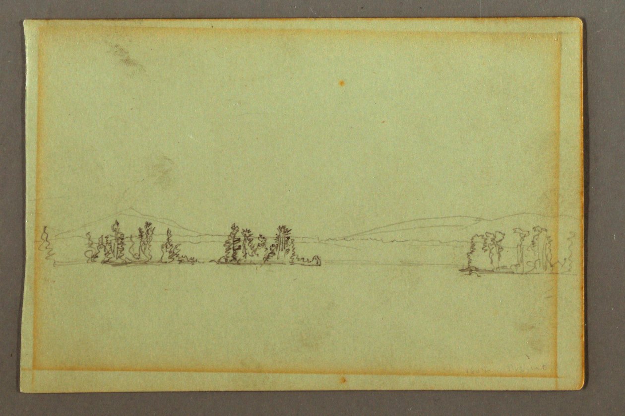 Piirros, Metsäsaaret, mäkinen ranta, mahdollisesti 1856 tekijältä Frederic Edwin Church
