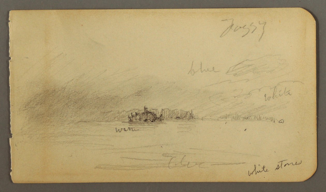 Piirros, Metsäinen ranta sumussa, mahdollisesti 1878 tekijältä Frederic Edwin Church