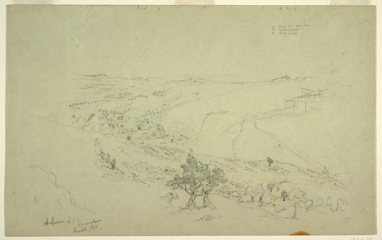 Siloam ja Jerusalem, muurien kaakkoiskulma Öljymäeltä nähtynä [Jerusalem ja Silwan, Itä-Jerusalem, Israel] tekijältä Frederic Edwin Church