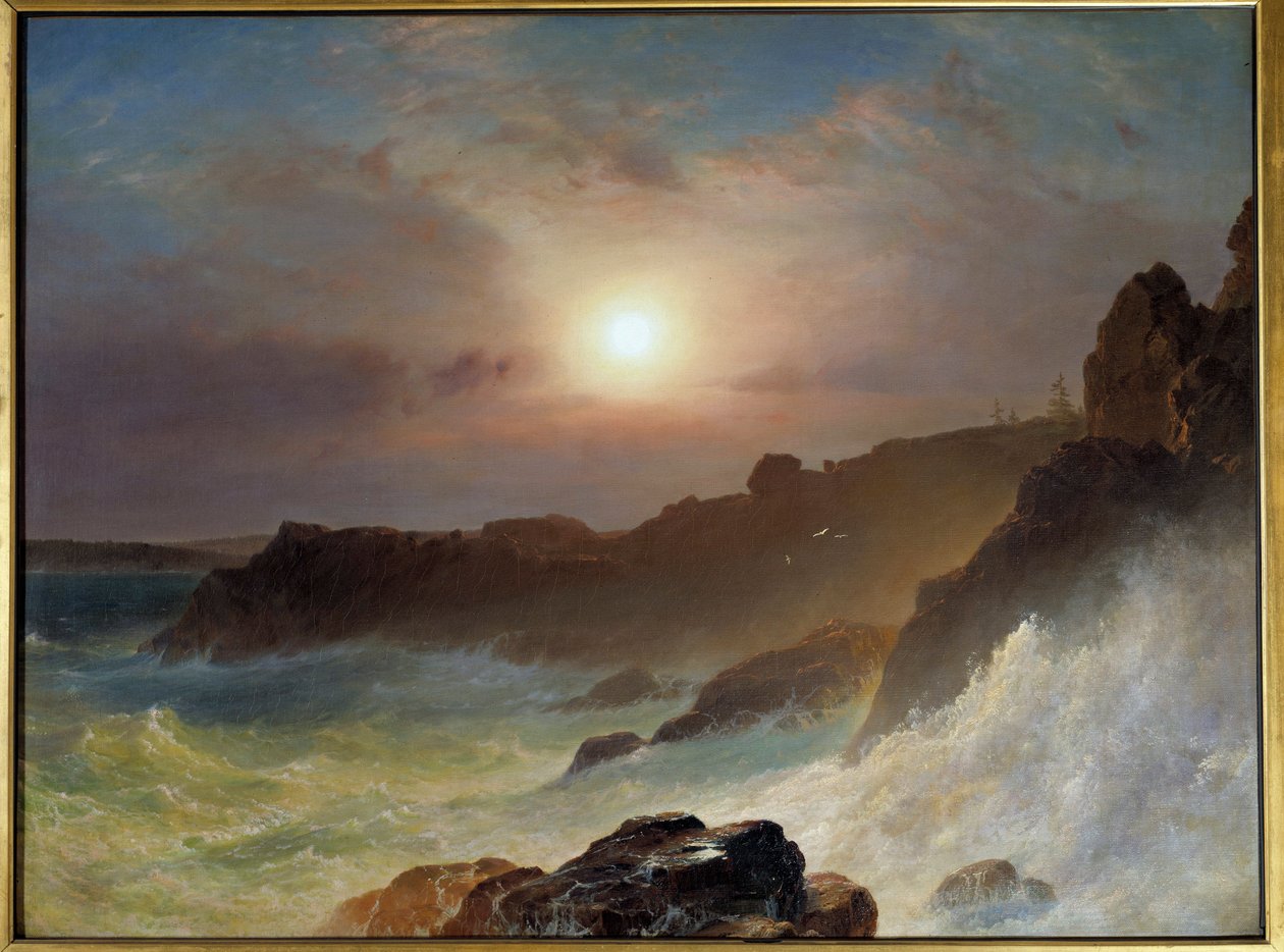 Auringonnousu Mainen rannikolla Yhdysvalloissa vuonna 1863. Frederic Churchin maalaus (1826-1900) Ec. Katkera. tekijältä Frederic Edwin Church
