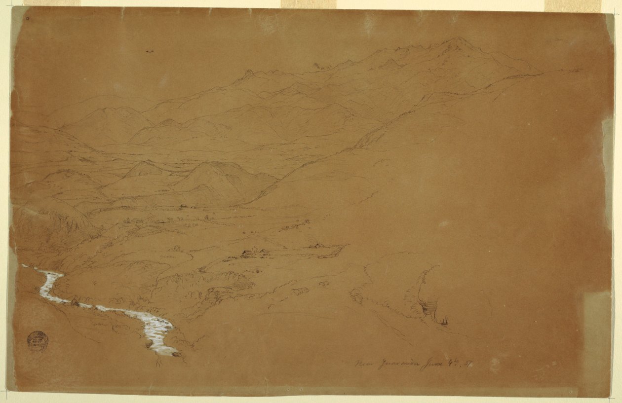 Valley With a Stream ja Houses, lähellä Guarandaa, Ecuador tekijältä Frederic Edwin Church