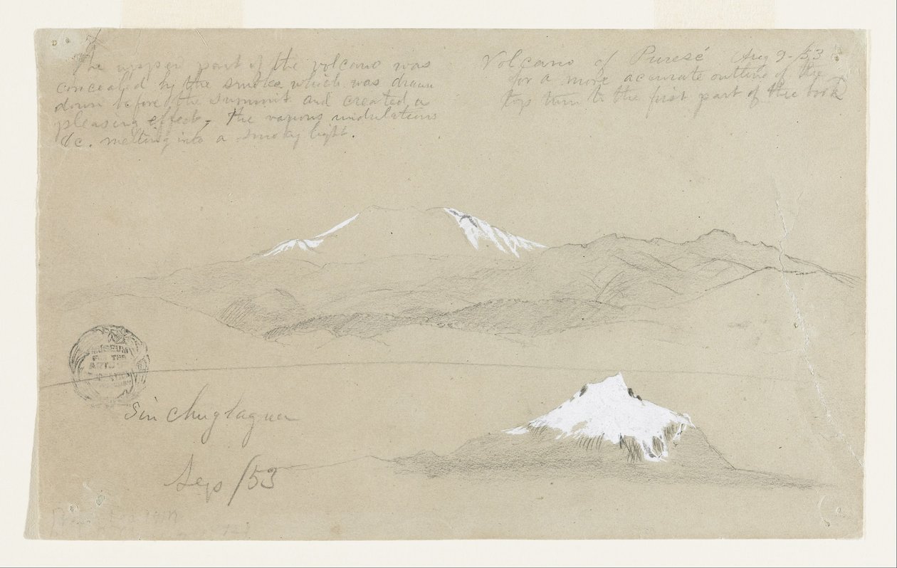 Näkymät Puresé-tulivuorelle, Kolumbia ja Sincholagua-vuorelle, Ecuadorissa. tekijältä Frederic Edwin Church
