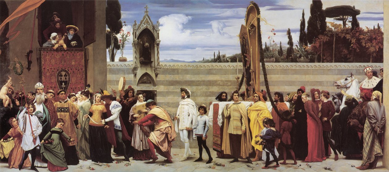 Cimabuen kuuluisaa Madonnaa kuljetetaan kulkueessa Firenzen kaduilla". tekijältä Frederic Leighton
