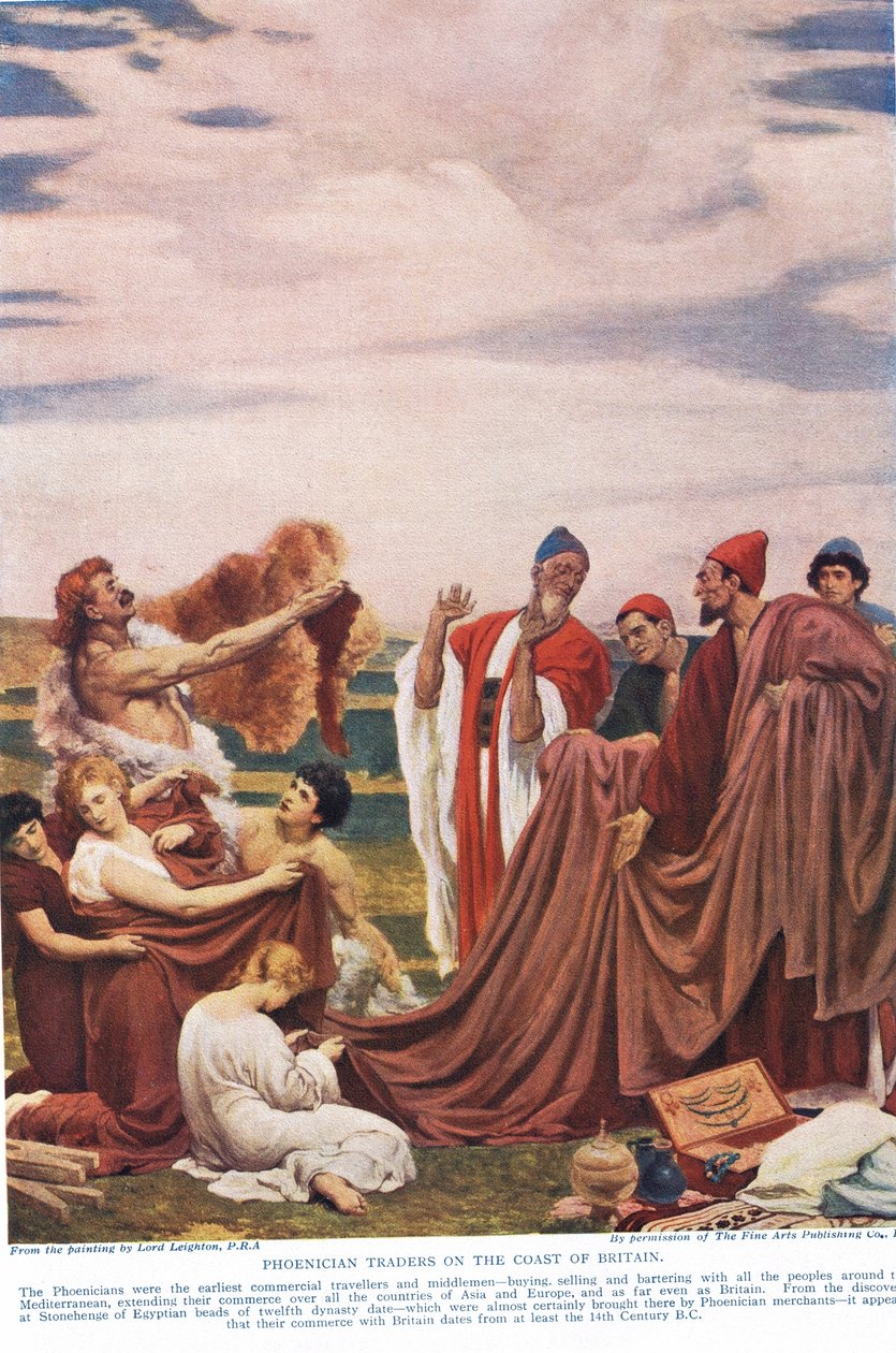 Foinikialaiset käyvät kauppaa varhaisten brittien kanssa, kuva Hutchinsonin kansojen historiasta tekijältä Frederic Leighton