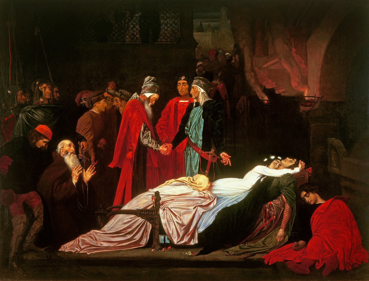 Montaguejen ja Capulettien sovinto Romeon ja Julian ruumiista tekijältä Frederic Leighton