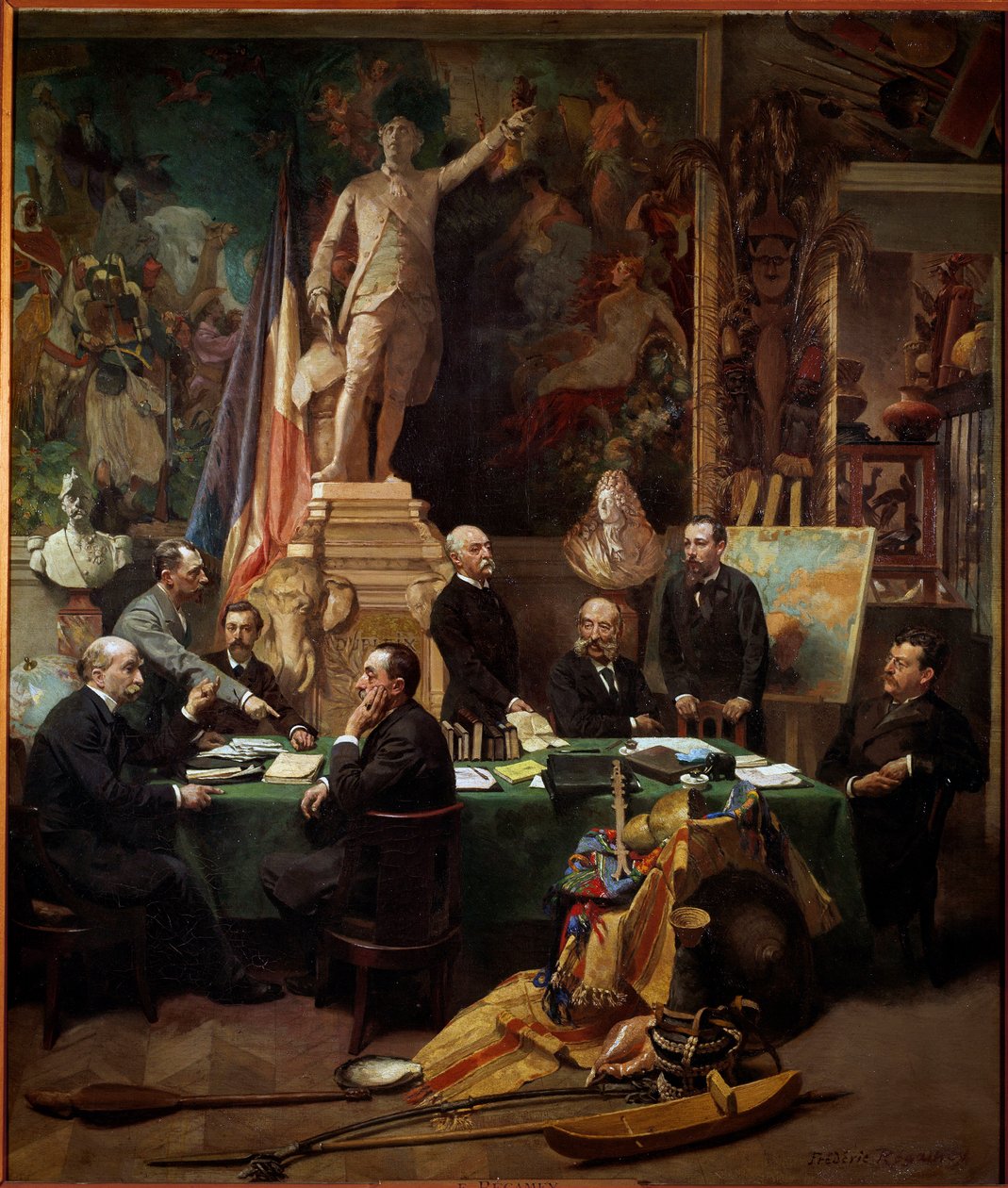 Siirtokuntien edustajat marraskuussa 1892 Vasemmalta oikealle: Chesse (Tahiti), Mager (Diego Suares), Dussac (Nossy-Be), de Faymoreau (Mayotte), Jules Ferry (Annam ja Tonkin), Soller (Ranskan Guinea) , Cudenet (Uusi-Kaledonia). Frederic Regamin maalaus tekijältä Frederic Regamey