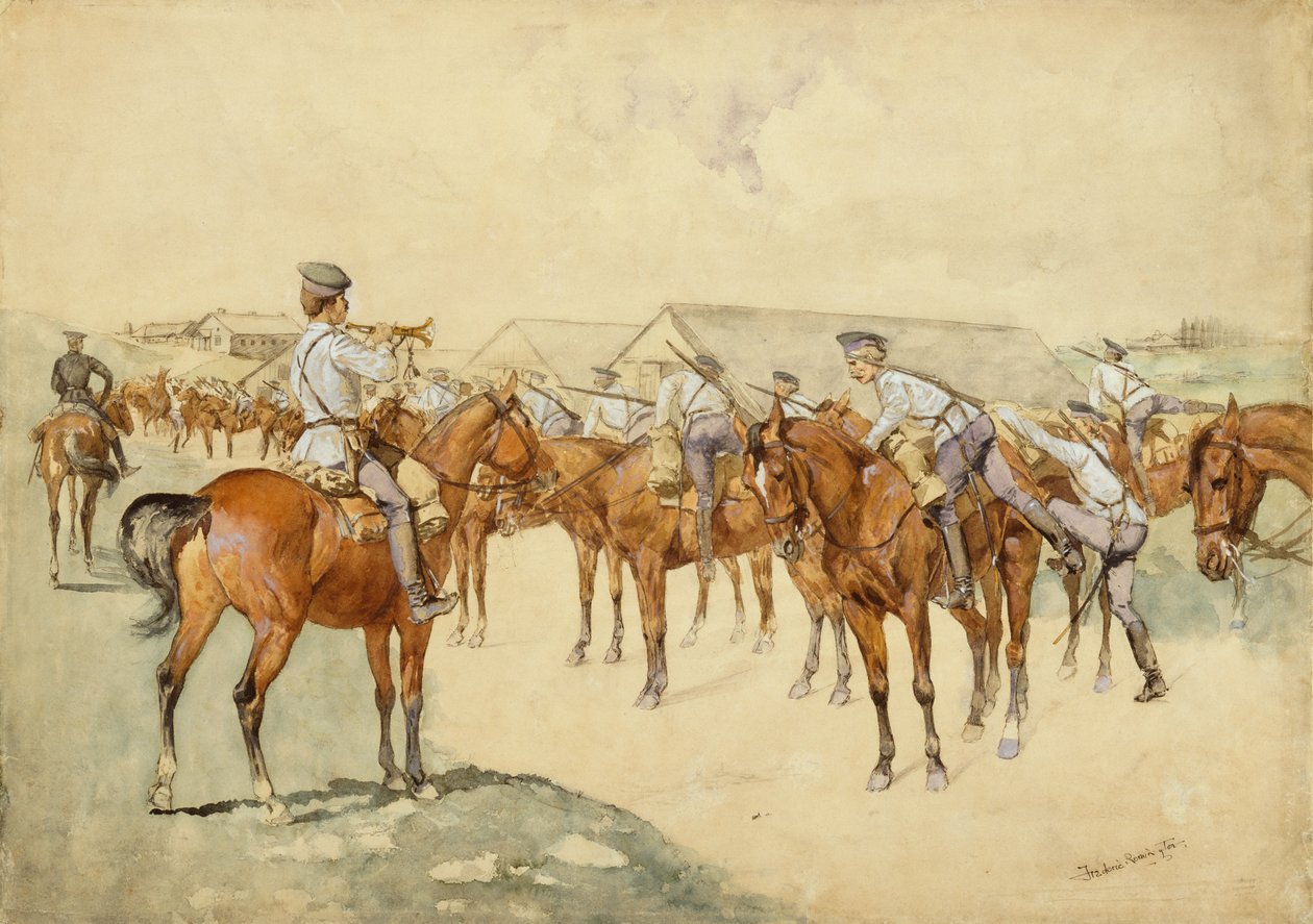 Call to Arms (Dragoons, Mount!) 1892-93 (wc, guassi, kynä ja muste, kynä ja vartaloväri paperilla) tekijältä Frederic Remington
