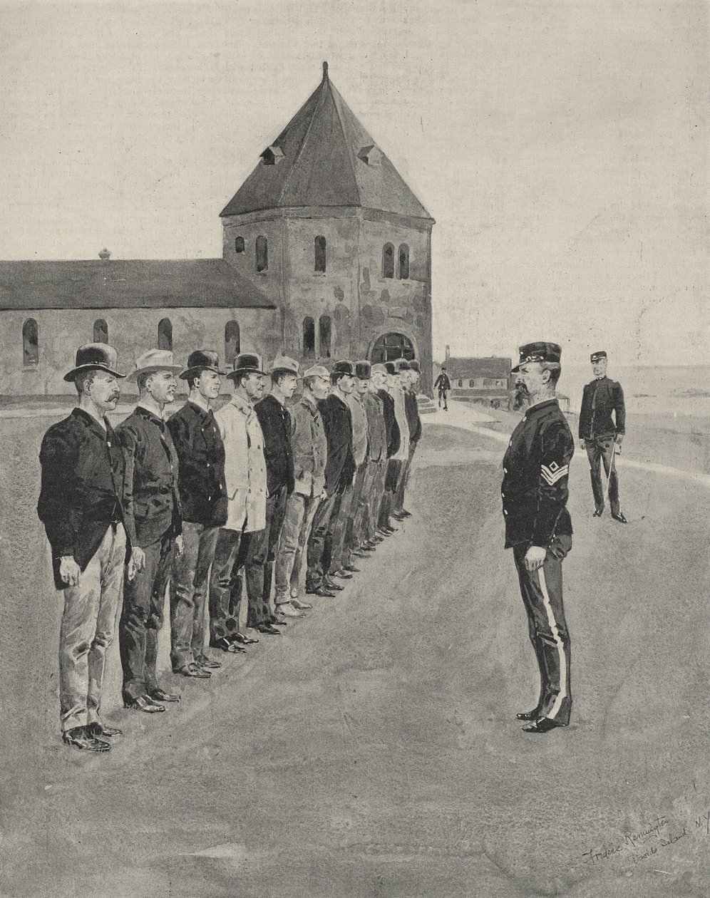 Ensimmäinen oppitunti sodan taiteesta. Rekrytoi kahteen ylimääräiseen tykistörykmenttiin Fort Slocumissa, Davids Islandissa, Long Island Soundissa tekijältä Frederic Remington