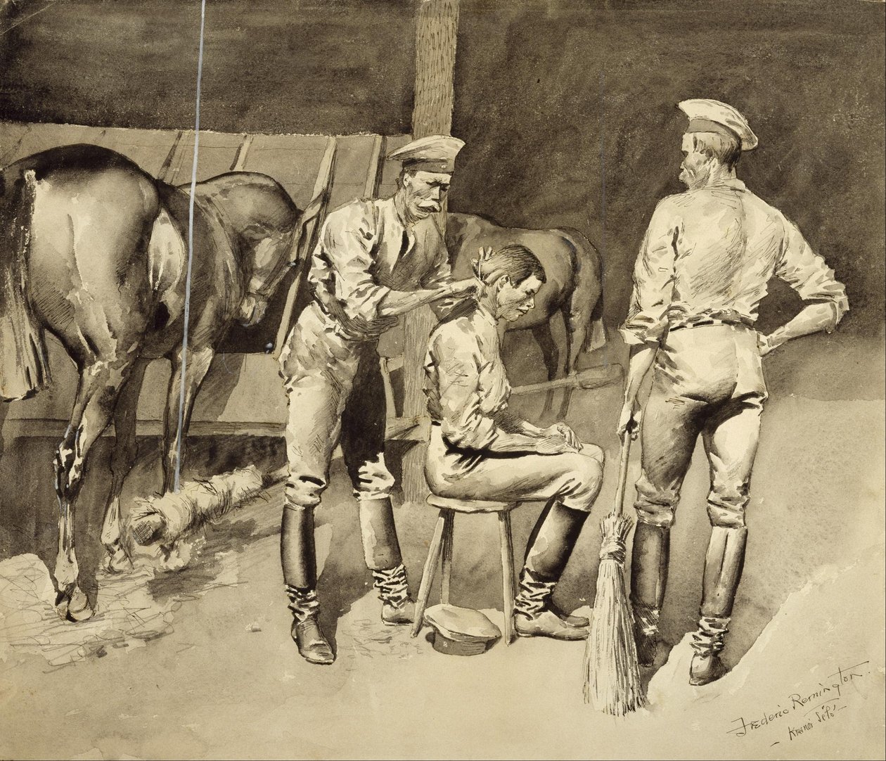 Hiustenleikkaus ratsuväen tallissa tekijältä Frederic Remington