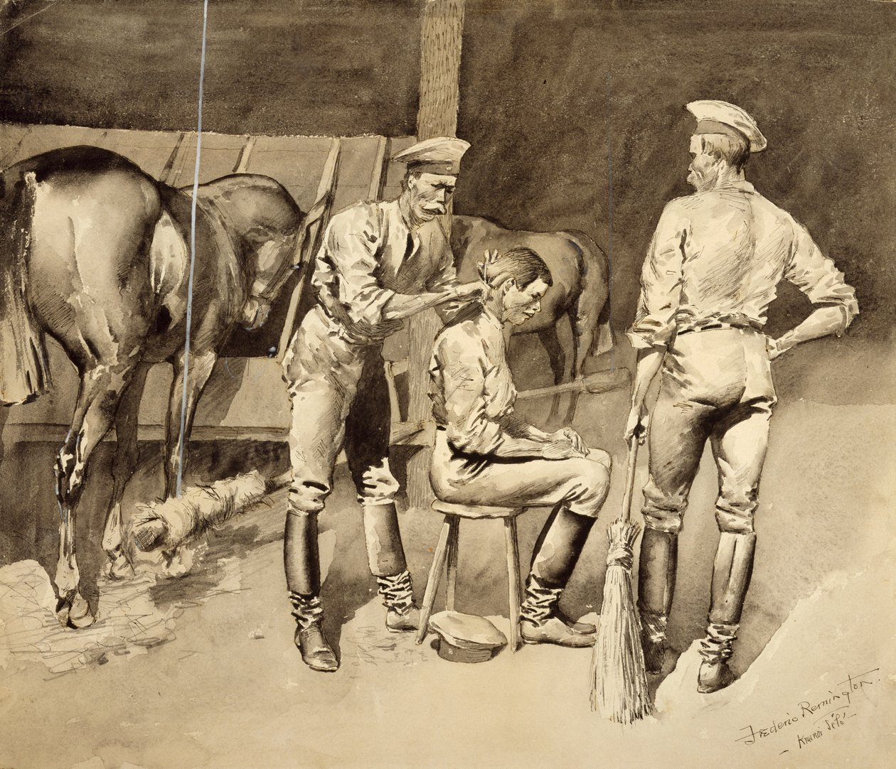 Hiustenleikkaus ratsuväen tallissa, n. 1893 (wc paperilla) tekijältä Frederic Remington