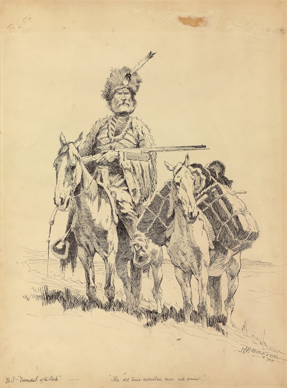 Vanhan ajan vuoristomies poneineen, 1888 tekijältä Frederic Remington