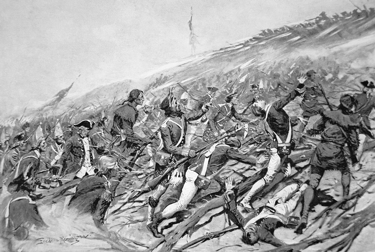 Brittijoukot yrittävät valloittaa Ranskan Ticonderogan linnoituksen vuonna 1758 (litho) tekijältä Frederic Remington