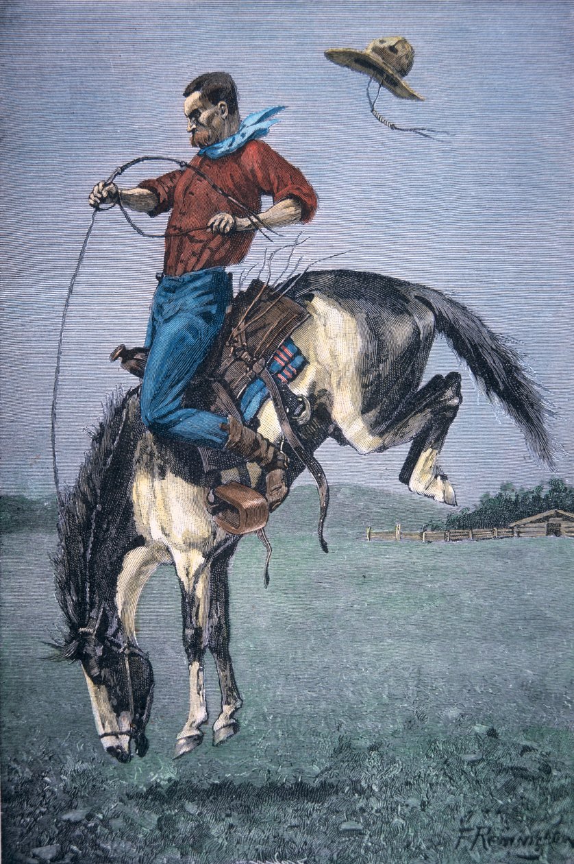 Bronco-Buster (värillinen kaiverrus) tekijältä Frederic Remington
