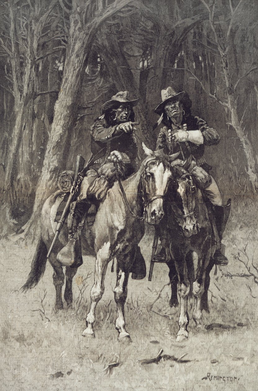 Cheyennen partiolaiset partioivat Pohjois-Kanadan Big Timberillä, Oklahomassa, 6. huhtikuuta tekijältä Frederic Remington