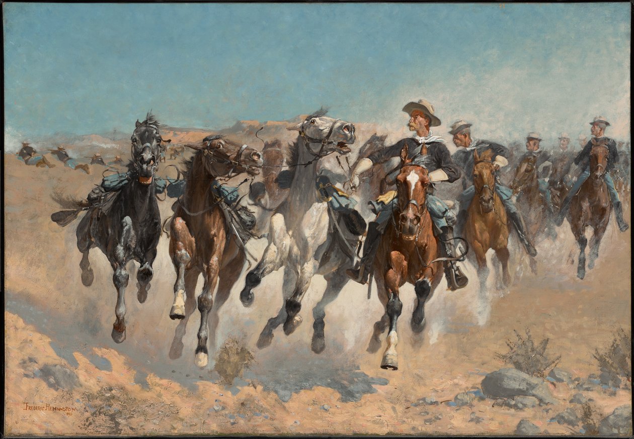 Jalkautuneina: Neljännen rykmentin sotilaat kuljettavat talutettavia hevosia tekijältä Frederic Remington