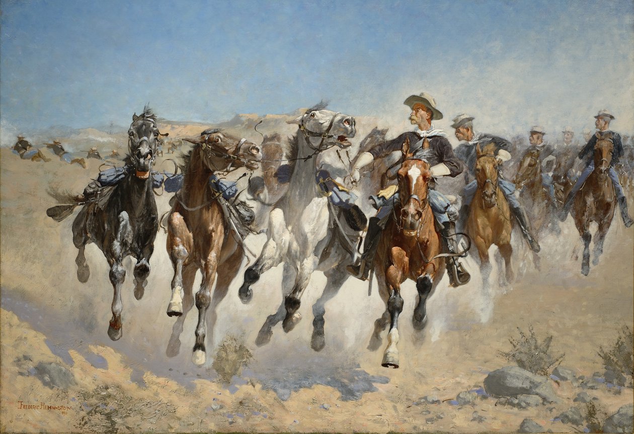 Poistettu ratsasta: Neljännet sotilaat liikuttavat Led-hevosia, 1890 tekijältä Frederic Remington