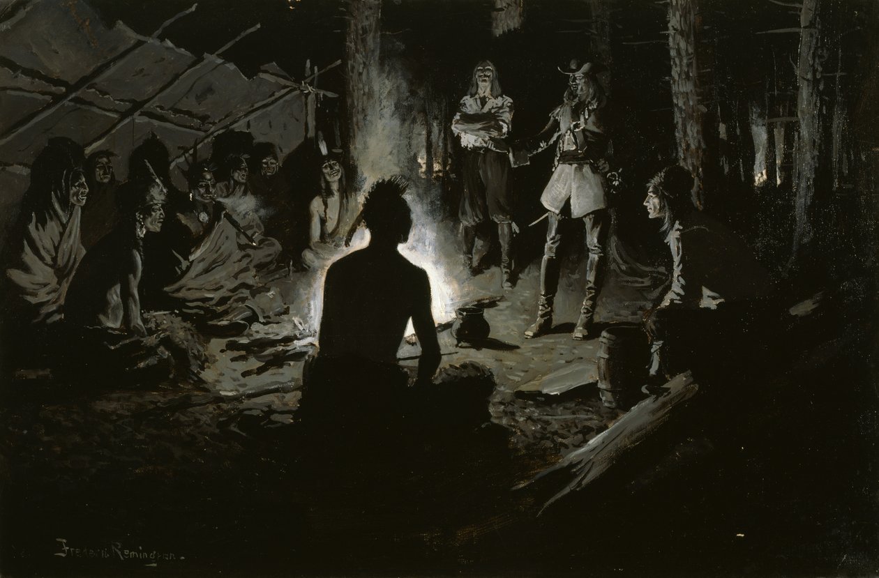 French Explorers Council with the Indians (At the Iroquois Council Fire) n. 1901 tekijältä Frederic Remington
