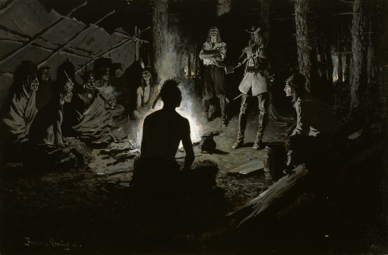 Ranskalaisen tutkimusmatkailijan neuvosto intiaanien kanssa tekijältä Frederic Remington
