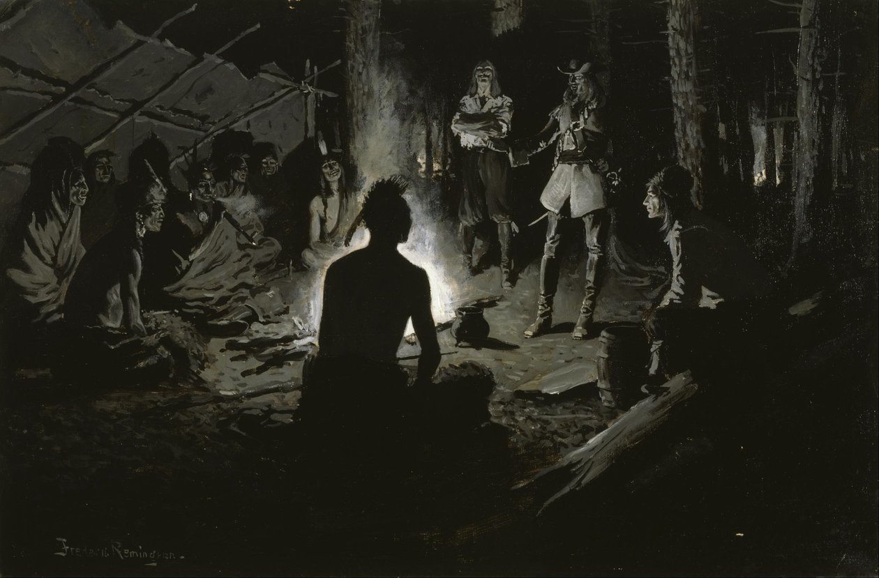 Ranskalaisen tutkimusmatkailijan neuvosto intiaanien kanssa tekijältä Frederic Remington