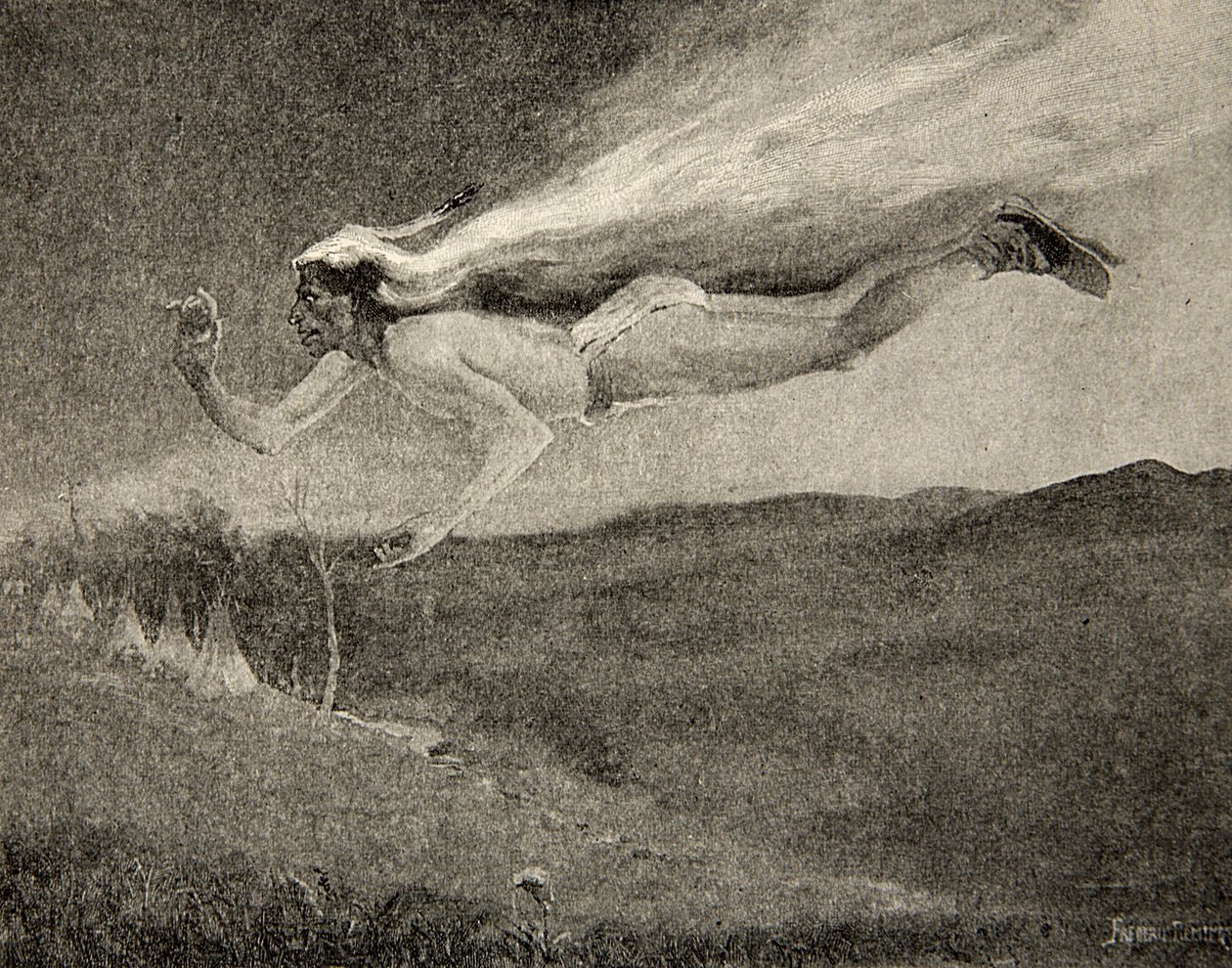 Häikäisevät kuin Ishkoodah, komeetta, Kuin tähti, jolla on tulikuoret, Henry Wadsworth Longfellowin (1807-82) Hiawathan laulusta, pub. George G. Harrap und Company Ltd., 1911 tekijältä Frederic Remington