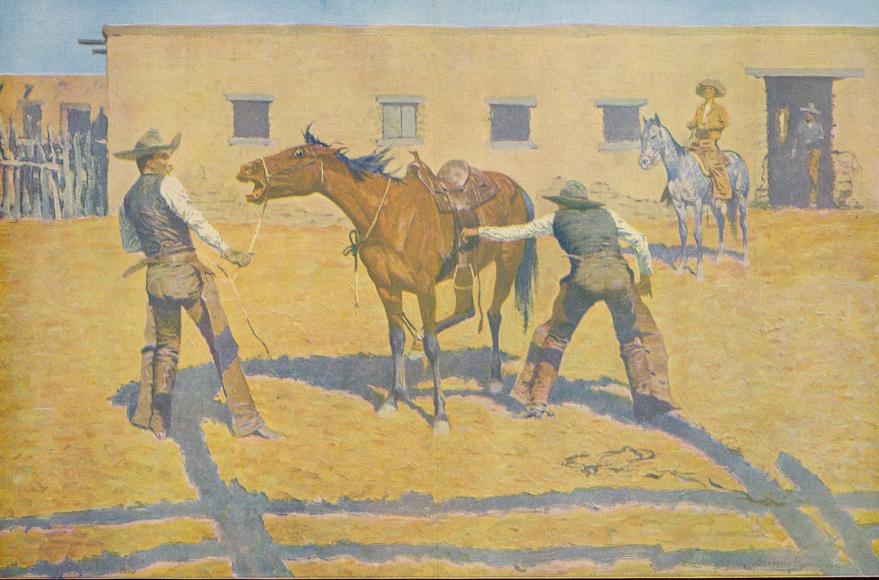 Hänen ensimmäinen oppituntinsa, Colliers Weeklystä, pub.1903 tekijältä Frederic Remington