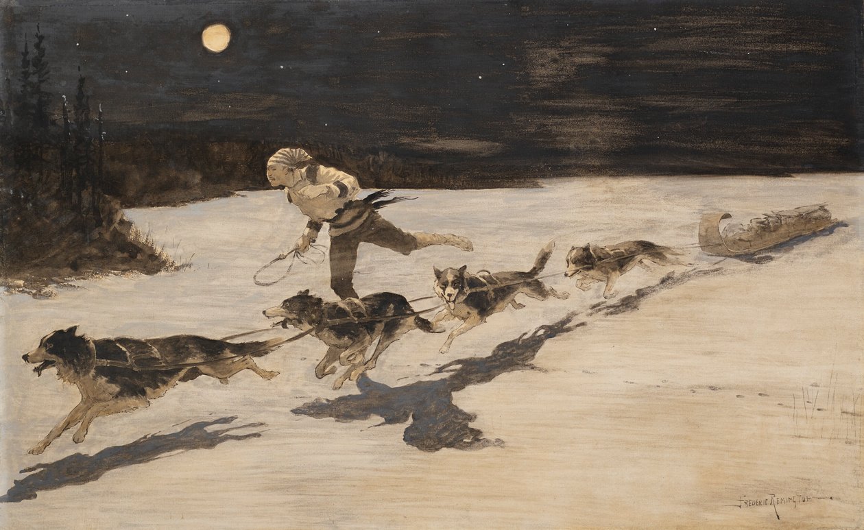 "Huskie"-koirat jäätyneellä moottoritiellä (Talking Musquash) tekijältä Frederic Remington