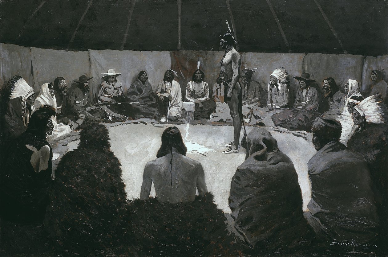 I Will Tell the White Man, n. 1900 (öljy kankaalle) tekijältä Frederic Remington