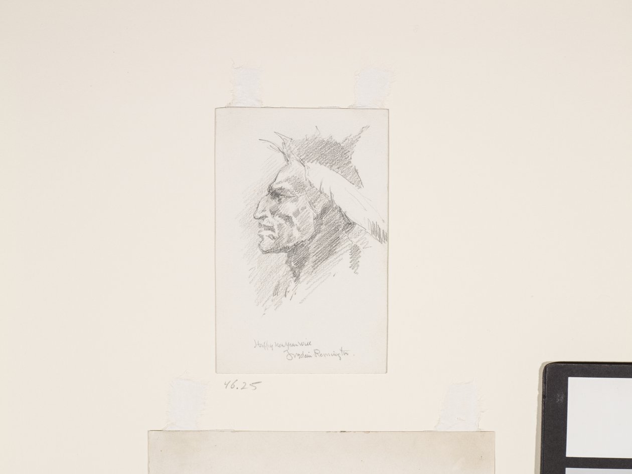 Intiaanipää, päivämäärä tuntematon (lyijykynä valkoiselle paperille) tekijältä Frederic Remington