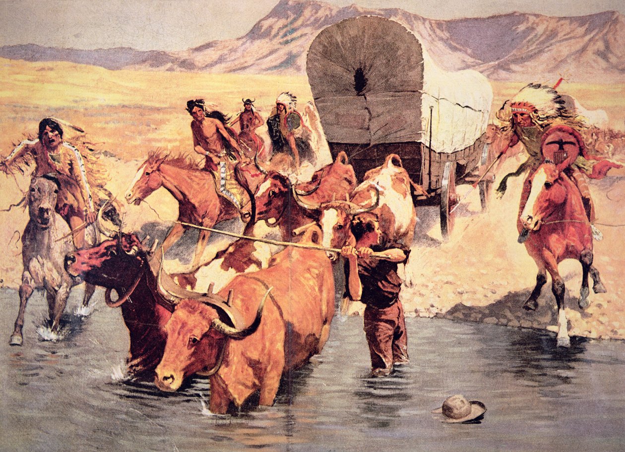 Intiaanit hyökkäävät pioneerivaunuun (öljy kankaalle) tekijältä Frederic Remington